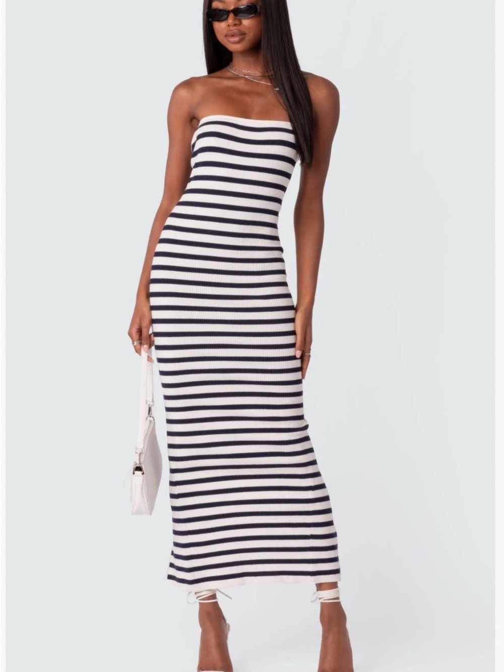 Edikted Strapless Navy and White Striped Ribbed Bodycon Maxi Dress Size M